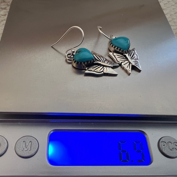 ❤️ Heart Shaped Kingman Turquoise 925 Navajo Butterfly Dangle Earrings 1.38”L - Picture 9 of 12